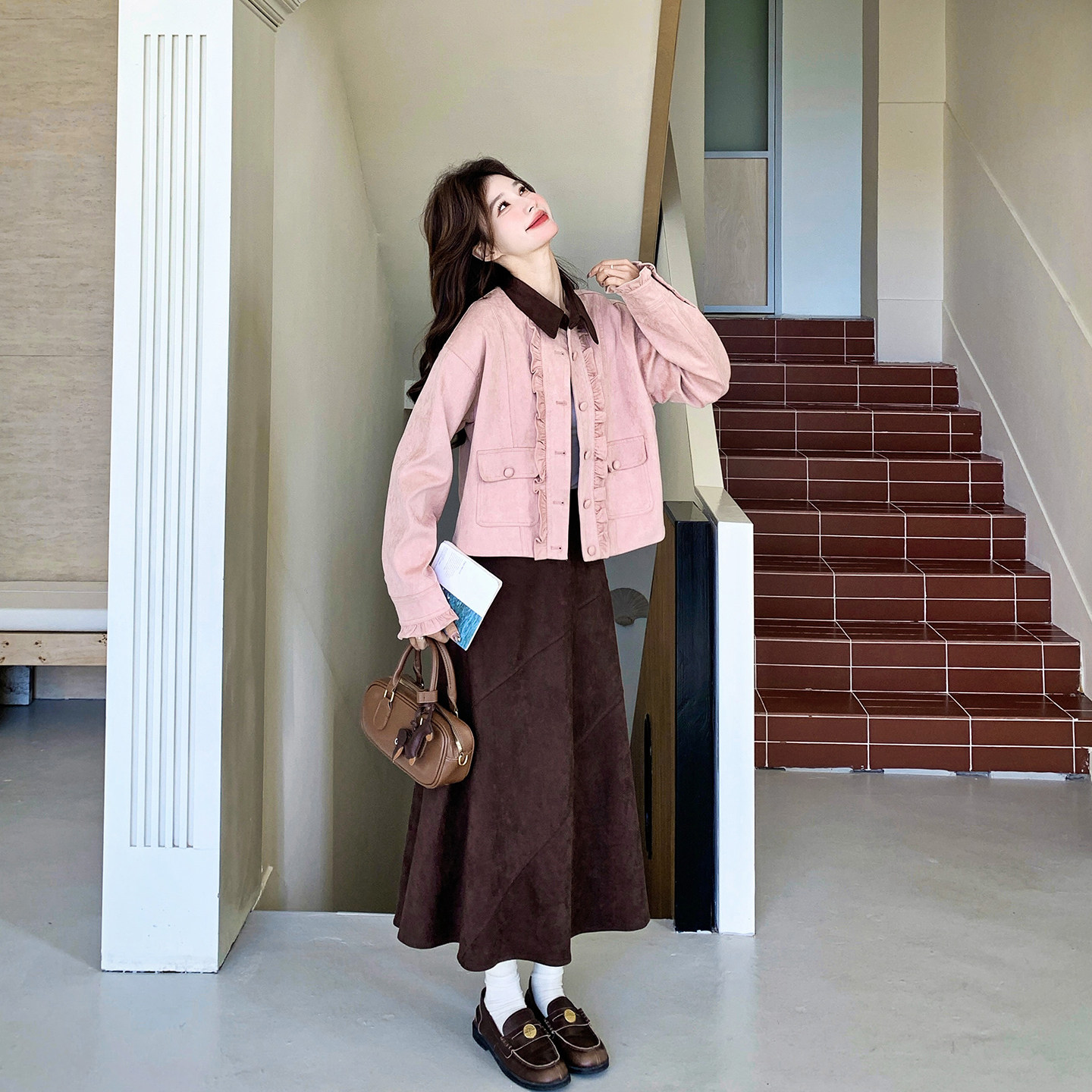 麂皮绒粉色木耳边外套半身裙套装女春季2026新款超好看漂亮两件套,女装/女士精品,时尚套装,淘宝优惠券,粉丝福利购,淘宝优惠卷