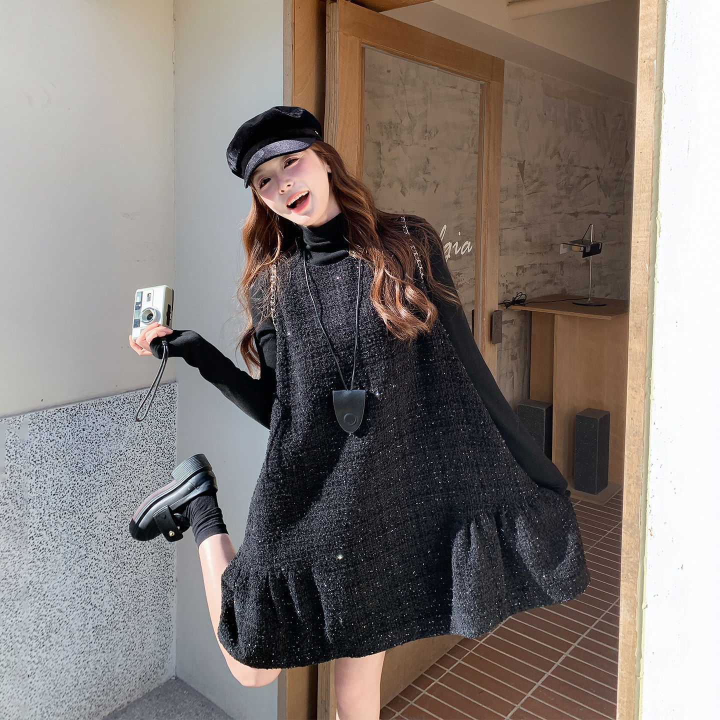 小香风甜美名媛背心连衣裙套装女冬季2025新款小个子打底衫两件套