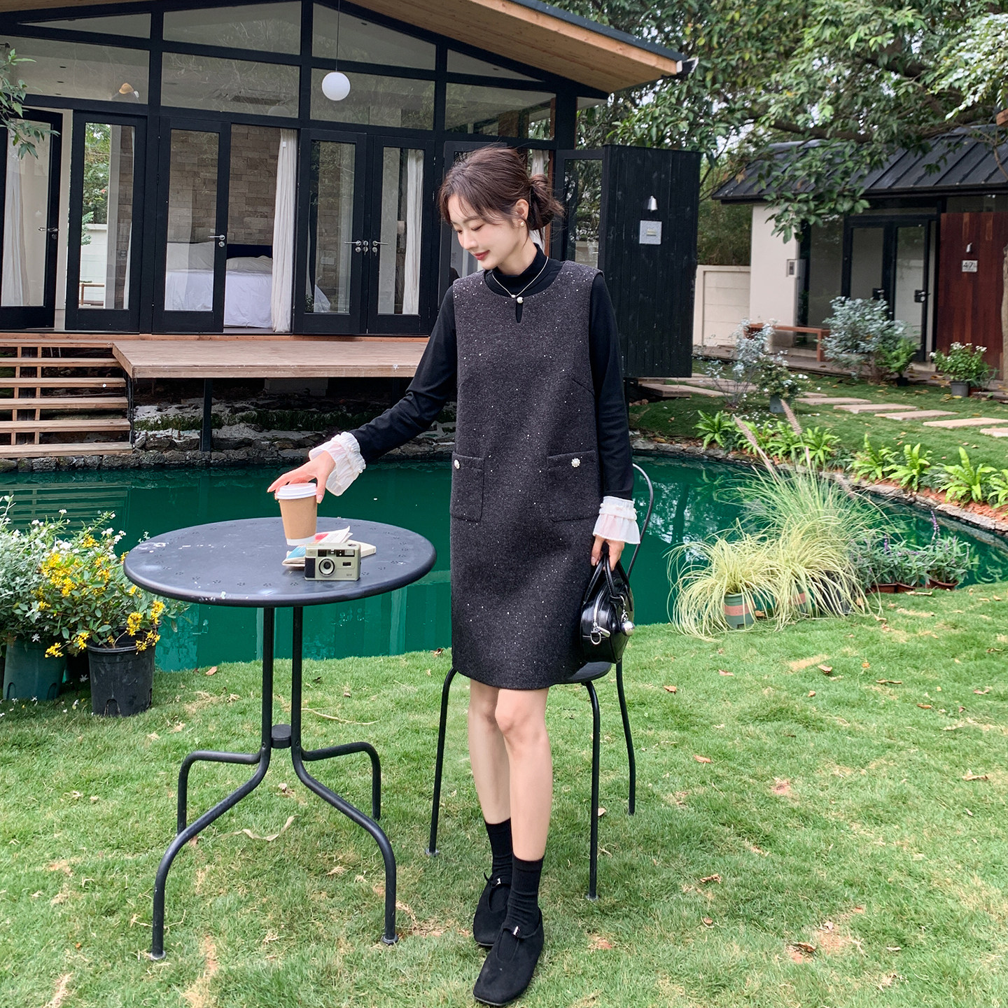 深灰色亮片减龄毛呢连衣裙套装女春季2026新款小香风无袖背心裙子