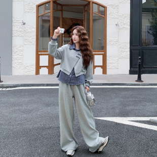 休闲运动灰色格纹拼接套装女春季2026新款松弛感卫衣阔腿裤两件套