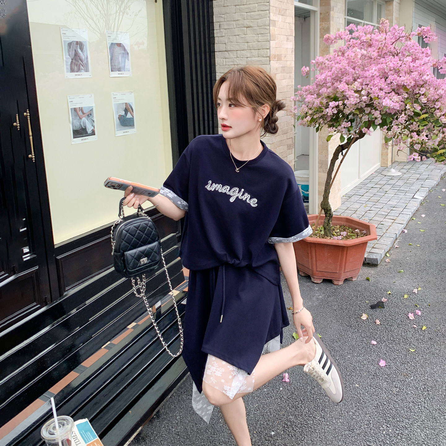 藏青色蕾丝拼接T恤不规则半身裙套装女夏季2026新款小个子两件套
