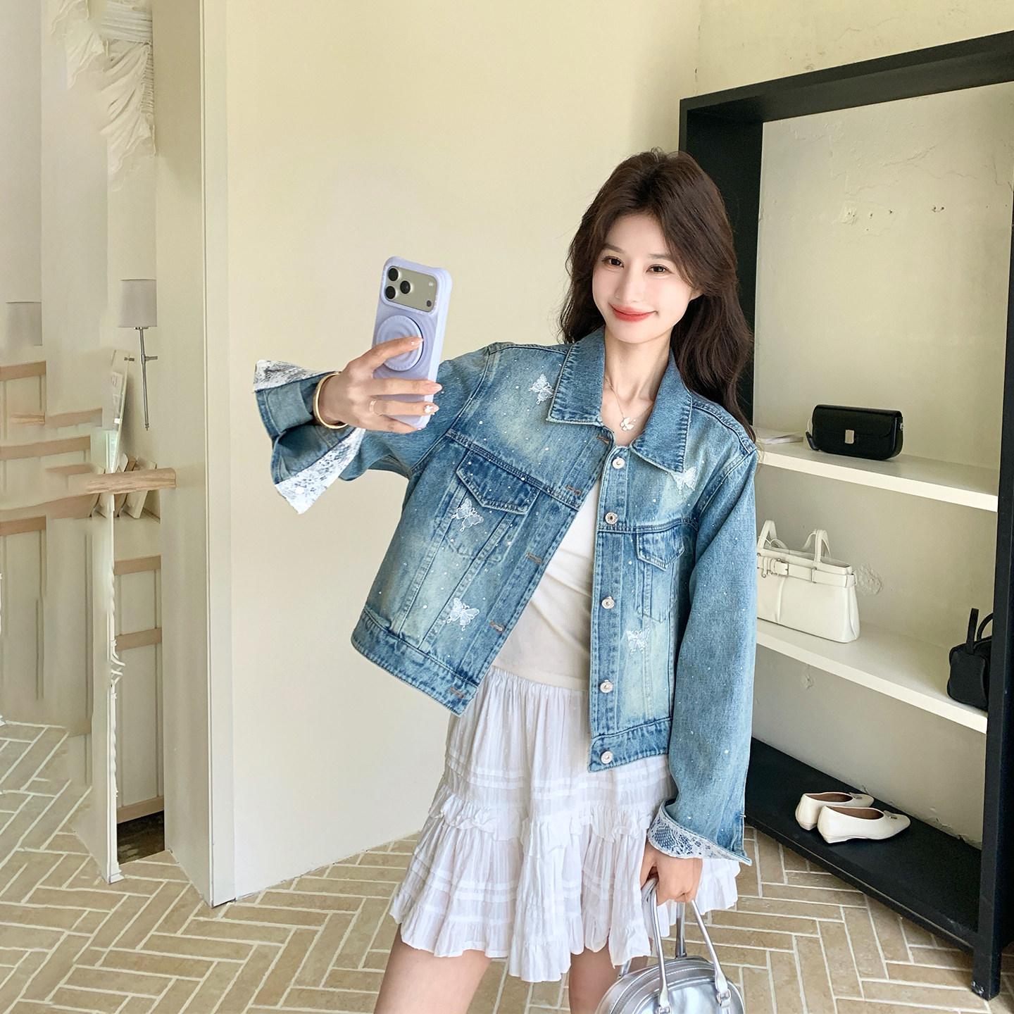 复古减龄刺绣蝴蝶结亮钻蓝色牛仔短外套女春季2026新款小个子夹克