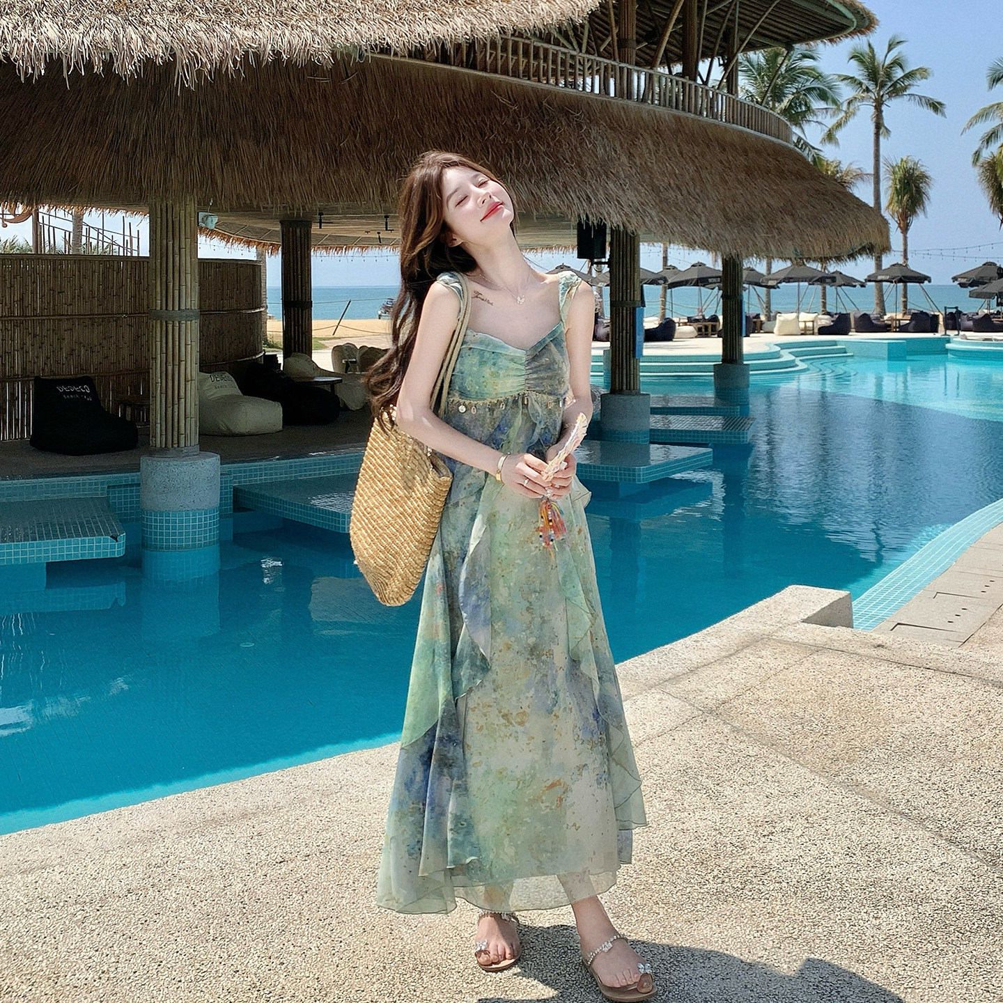度假风拼接晕染碎花吊带连衣裙女