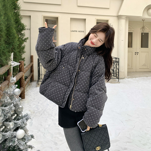 灰色短款碎花立领白鸭绒羽绒服女冬季2025新款小个子休闲复古外套