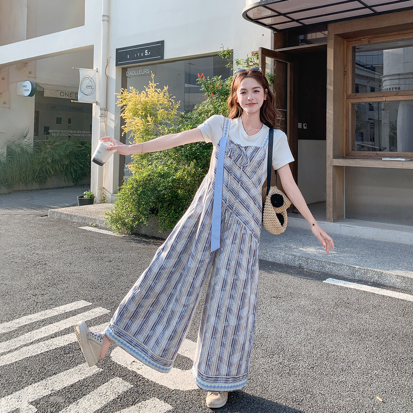 民族风条纹印花背带阔腿裤女夏季