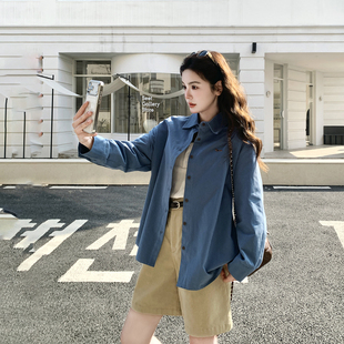 雾霾蓝刺绣衬衫外套女春季2026新款学院风流行爆款衬衣甜美小个子