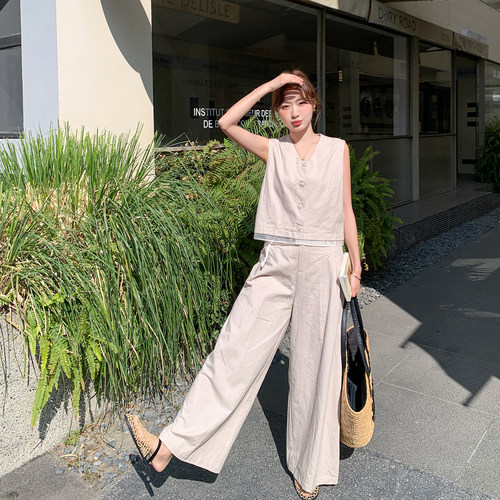 轻熟流行爆款棉麻马甲阔腿裤套装