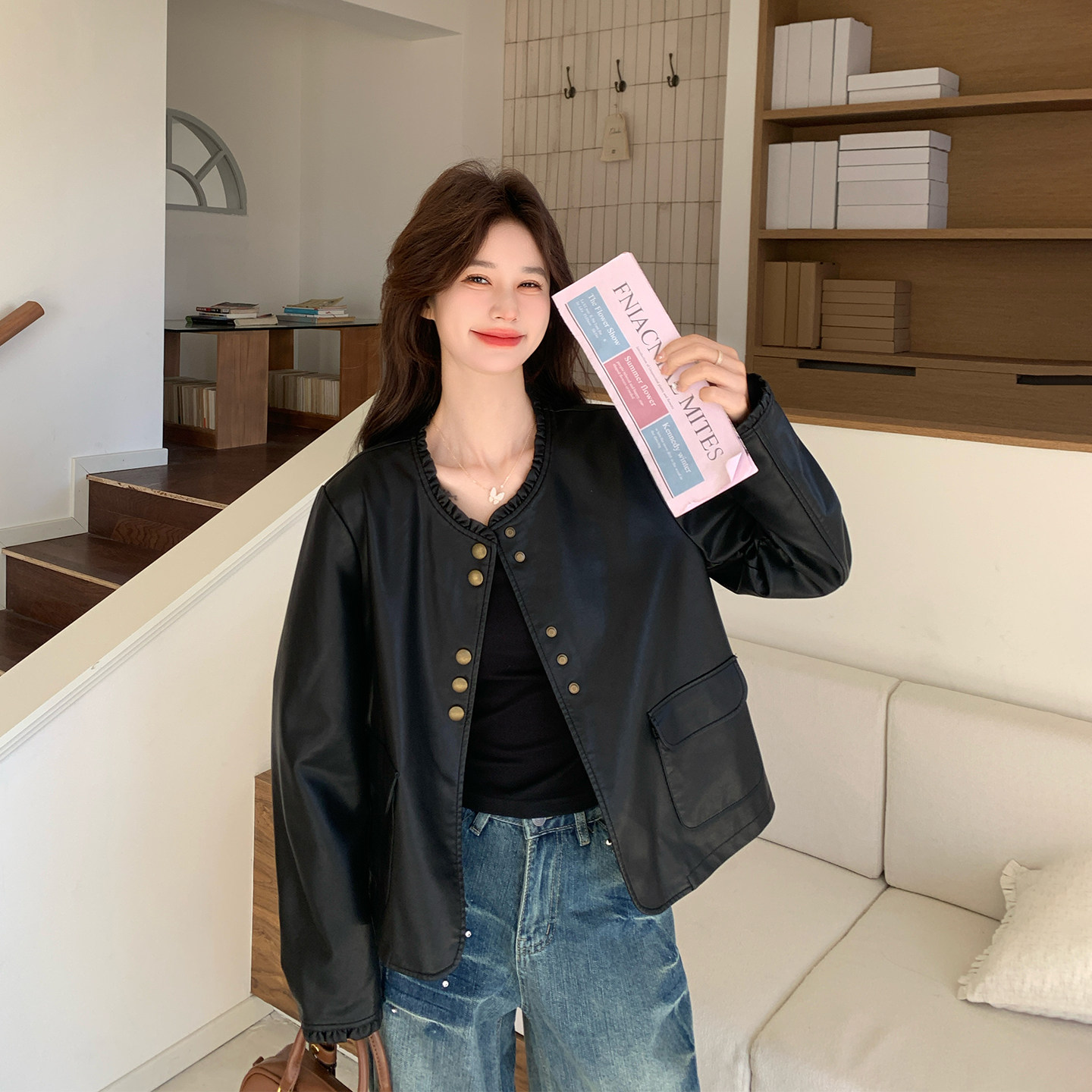 机车服甜酷风黑色花边领皮衣外套女春季2026新款小个子短款PU夹克