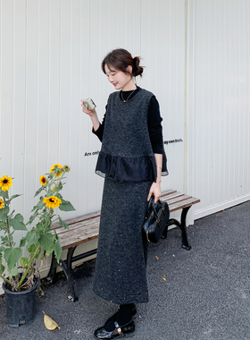 针织亮片深灰色网纱拼接背心套装裙女春季2026新款气质打底三件套