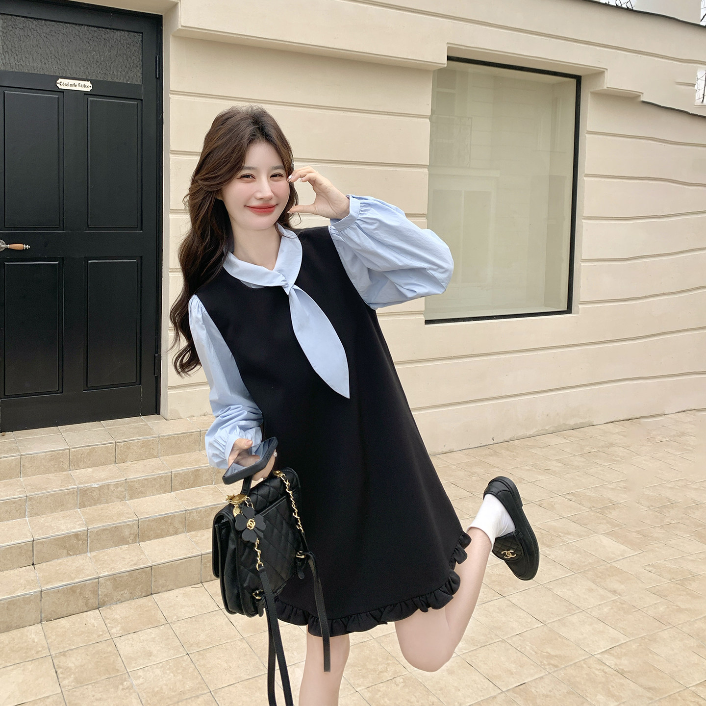 韩版学院风黑色背心连衣裙套装女春季2026新款减龄叠穿衬衫两件套