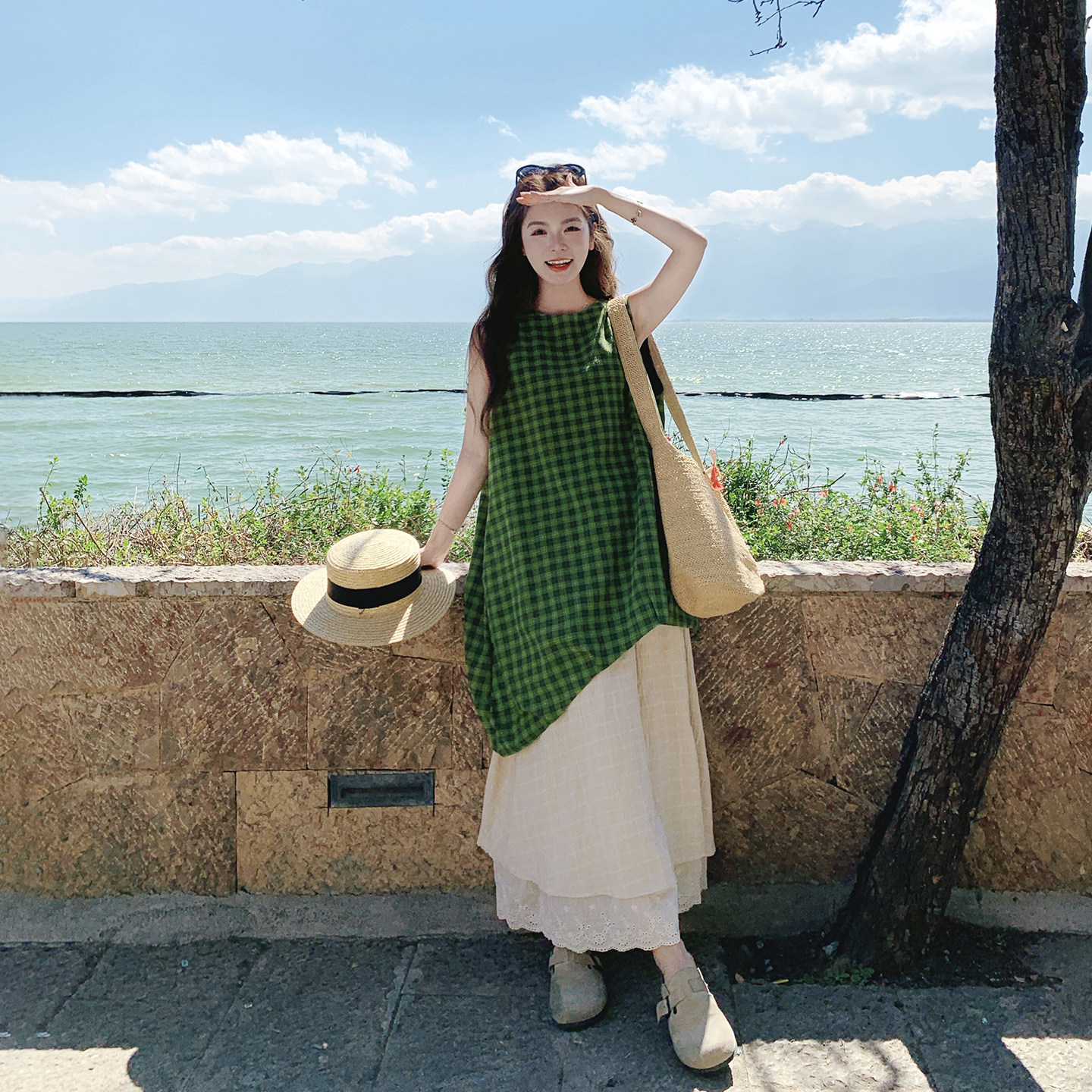 时尚绿色格子无袖上衣套装女夏季