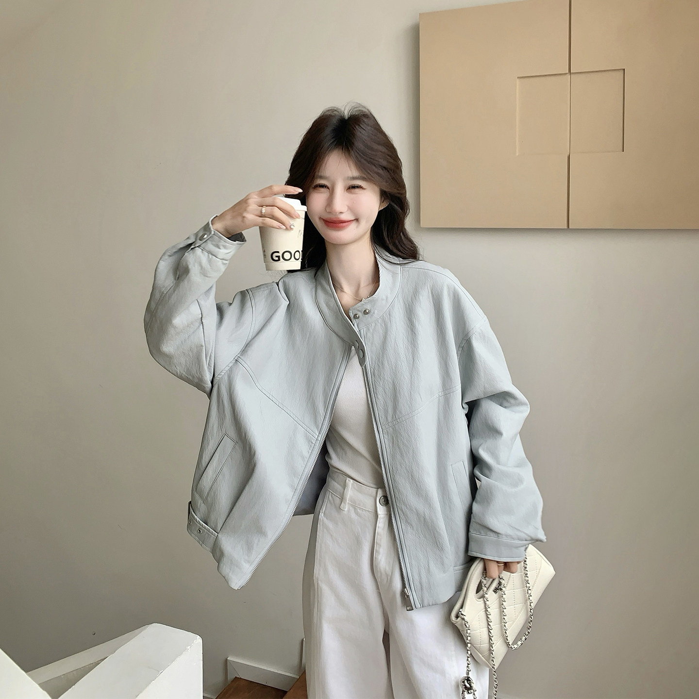 休闲气质立领浅蓝色皮衣外套女春季2026新款小个子百搭超火PU夹克