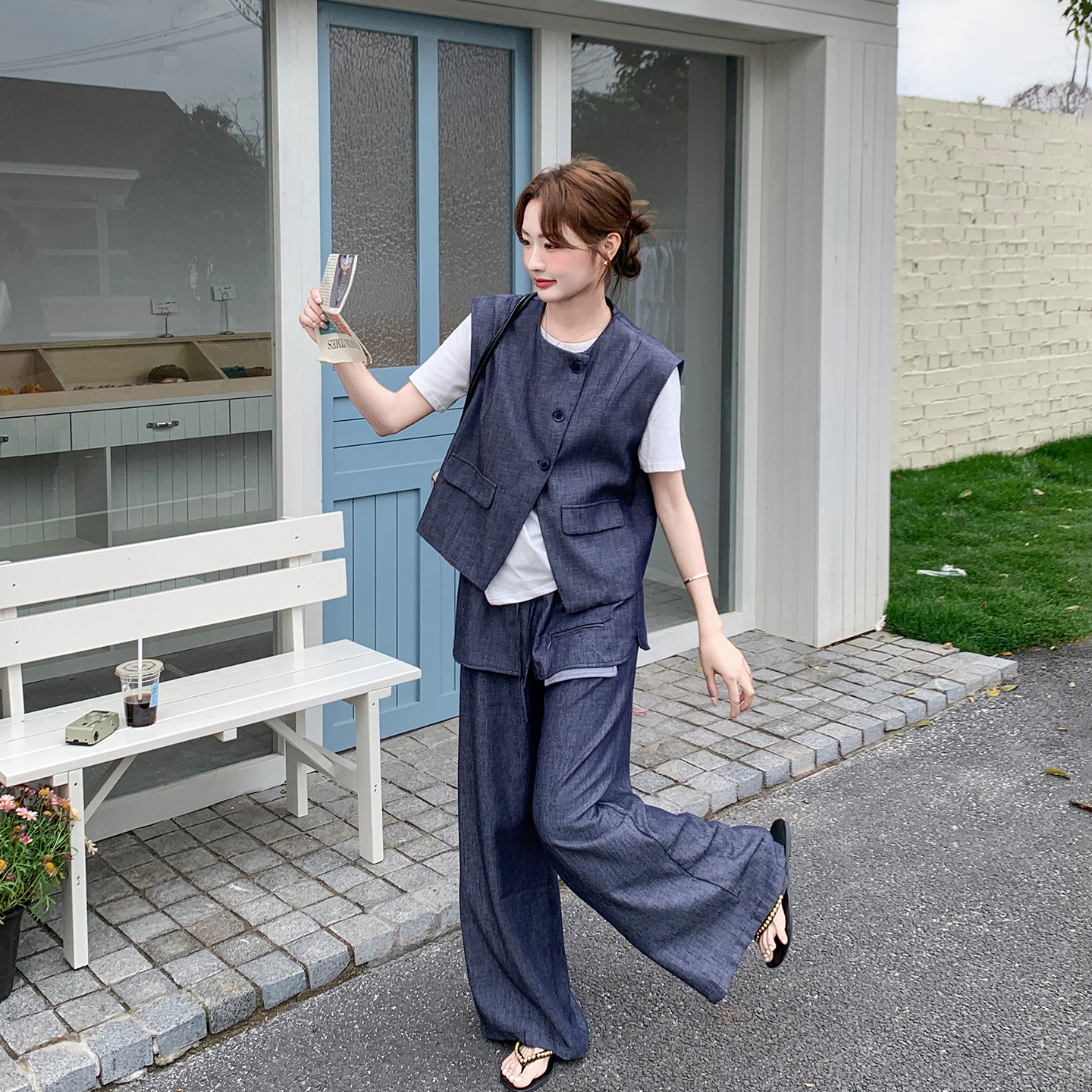 休闲风牛仔马甲T恤阔腿裤套装女