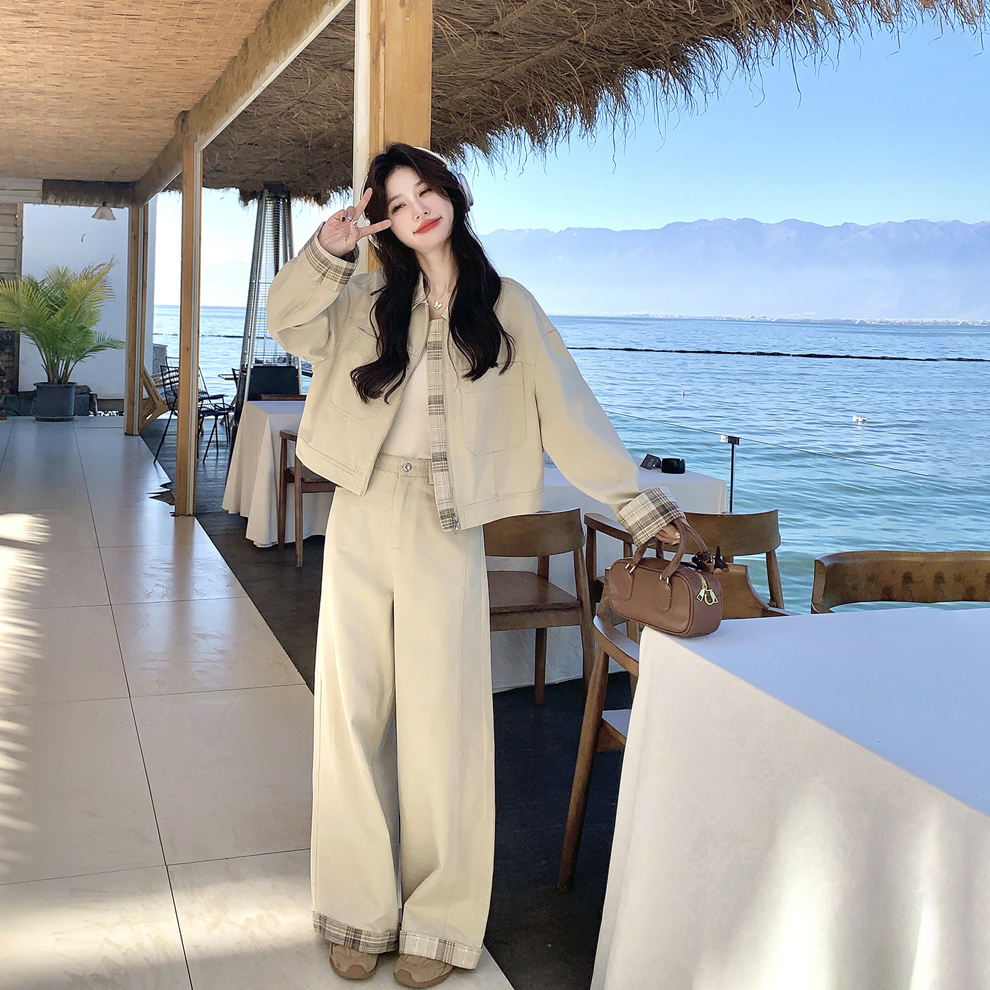 设计感格子拼接牛仔上衣阔腿裤套装女春季2026新款ootd穿搭两件套