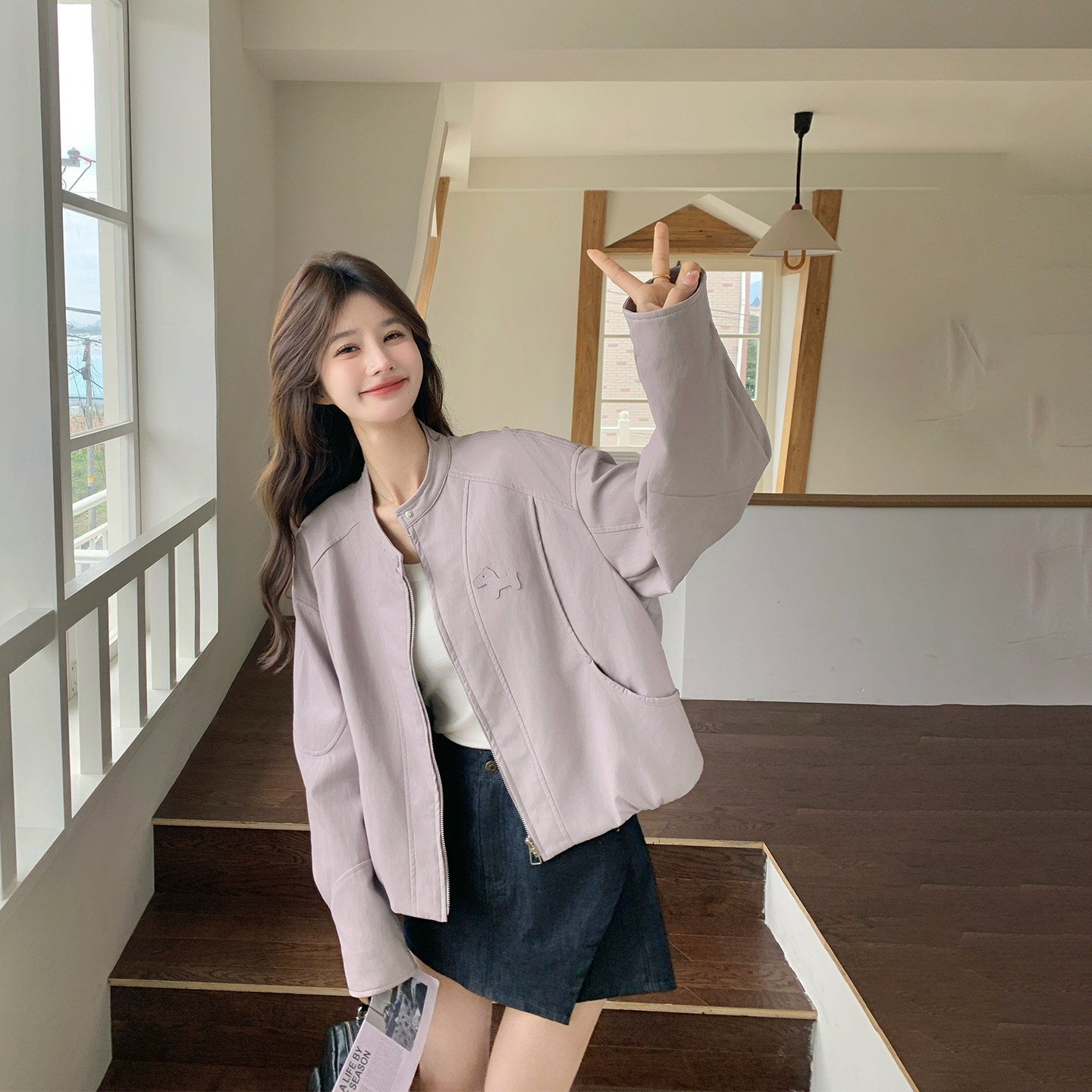 轻奢高级感立领浅紫色皮衣外套女
