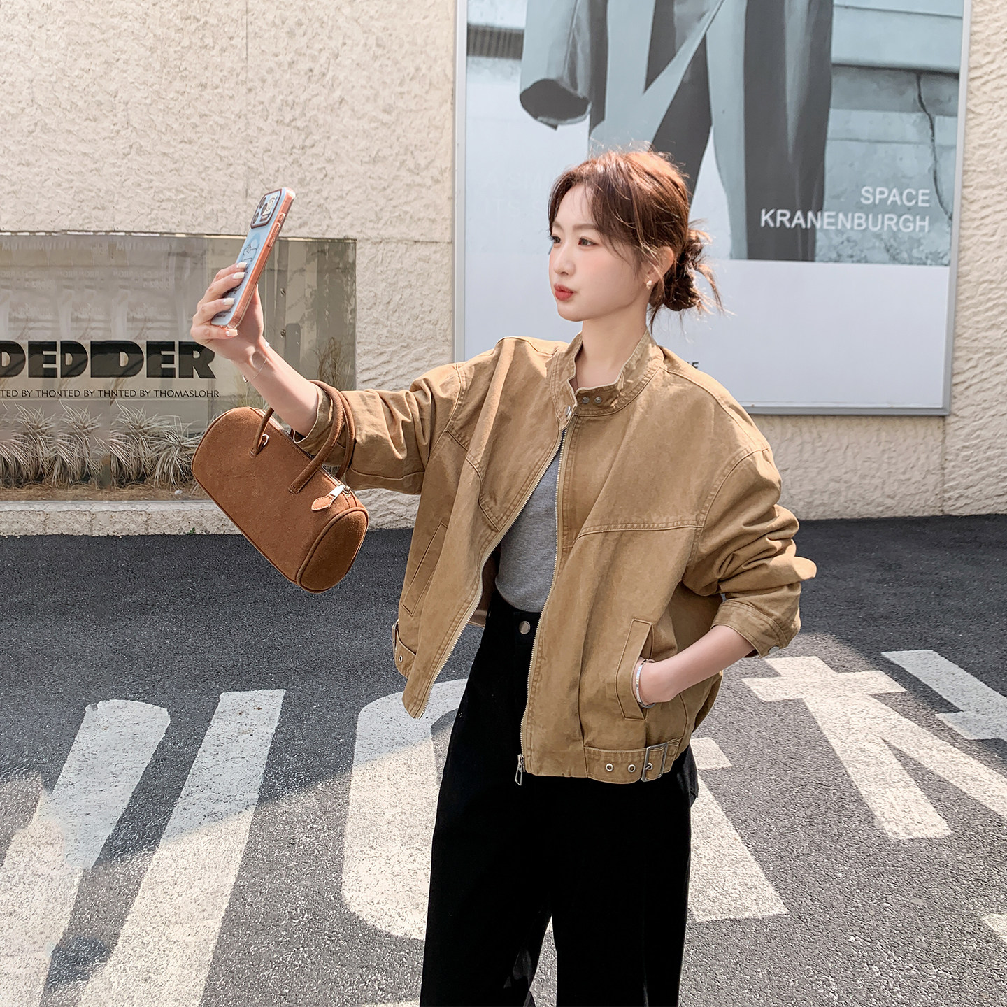 复古百搭卡其色立领小个子短外套女春季2026新款流行爆款夹克上衣