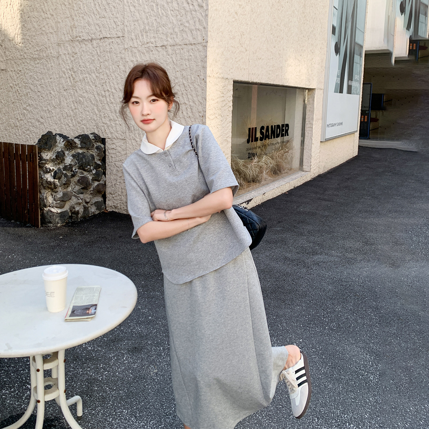 休闲百搭灰色卫衣半身裙套装女夏季2026新款宽松显瘦慵懒风两件套