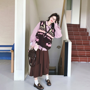 氛围感减龄撞色针织马甲衬衫套装女春季2026新款甜美半身裙三件套