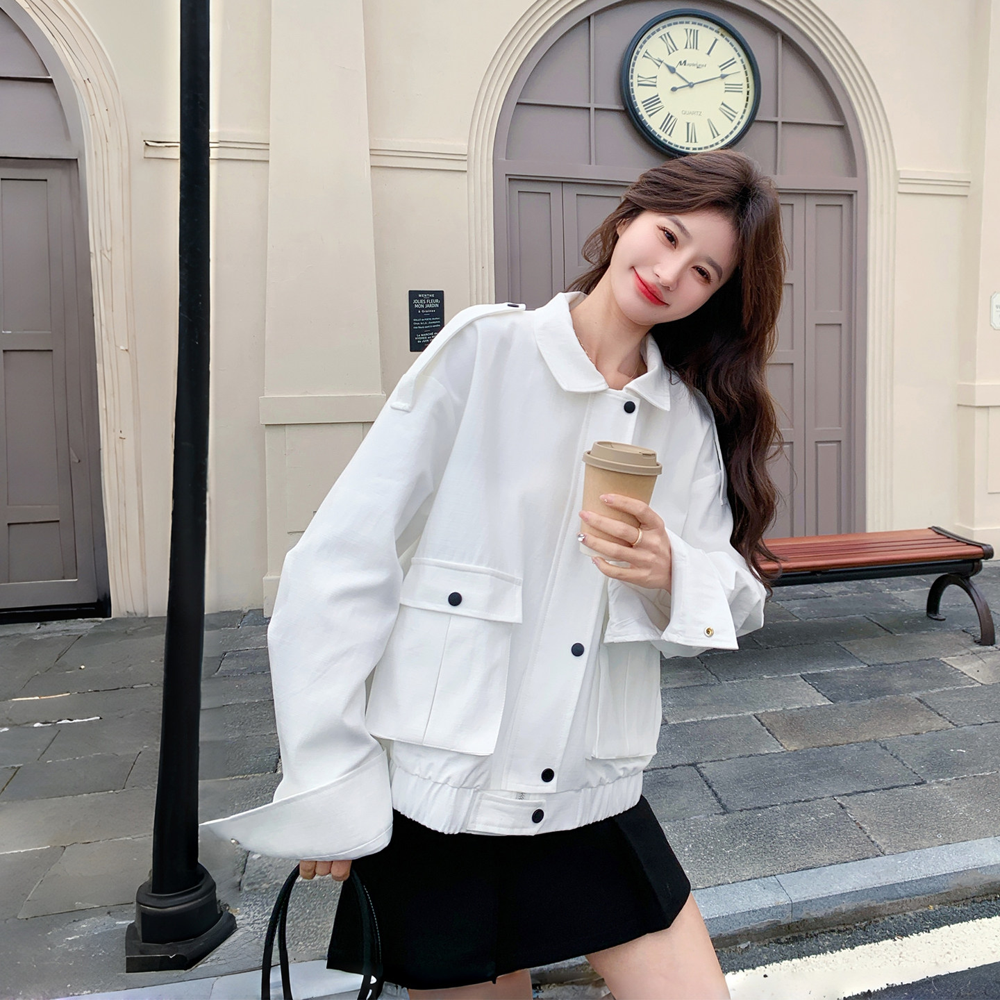 甜美气质翻领白色短外套女春季2026新款可盐可甜洋气百搭夹克上衣