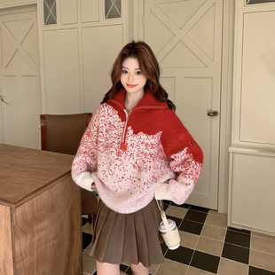 渐变红针织外套女春季2026新款减龄学院风气质超火设计感小众毛衣