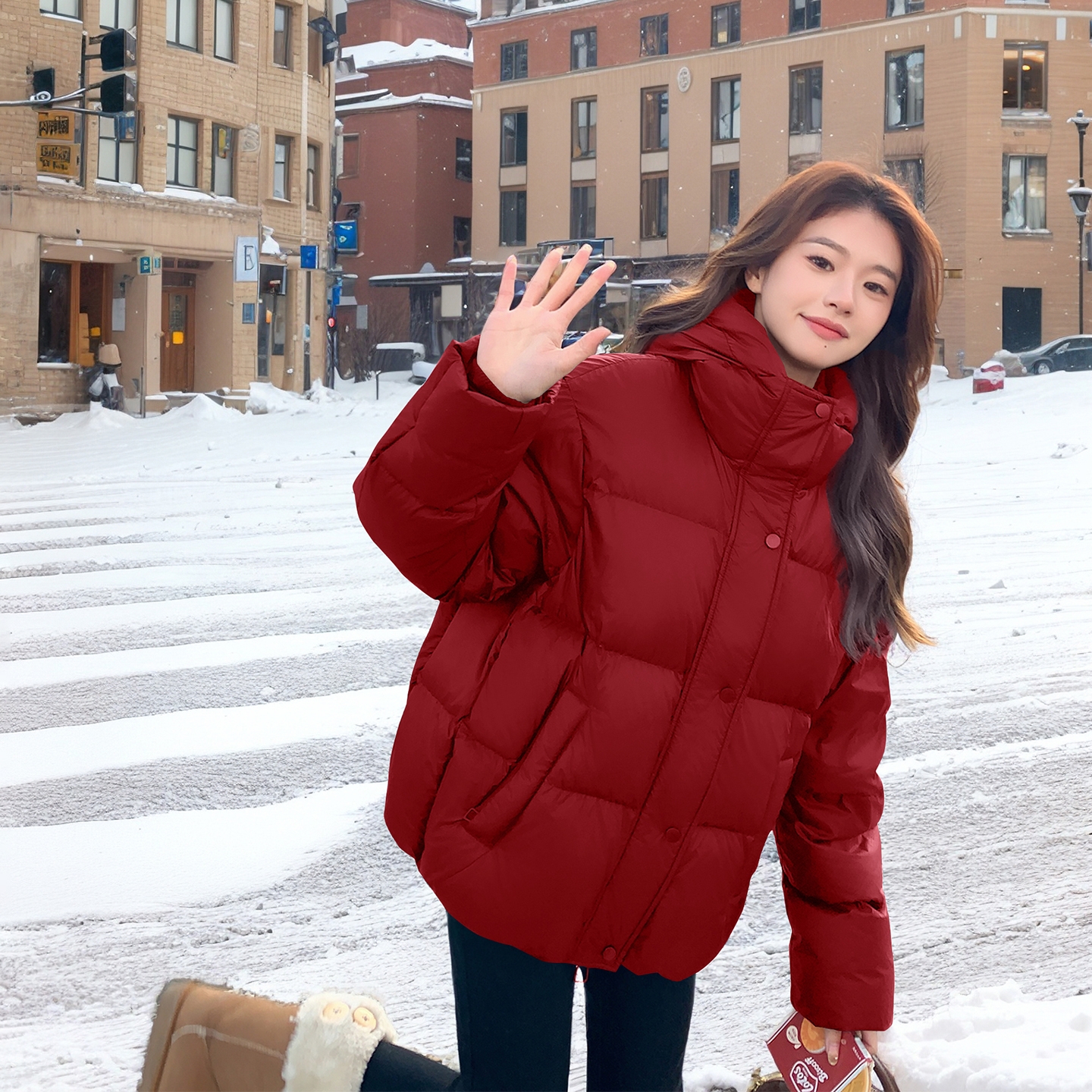甜美气质红色连帽羽绒服女冬新款