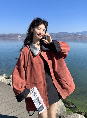 PU皮蕾丝拼接砖红色工装外套女春