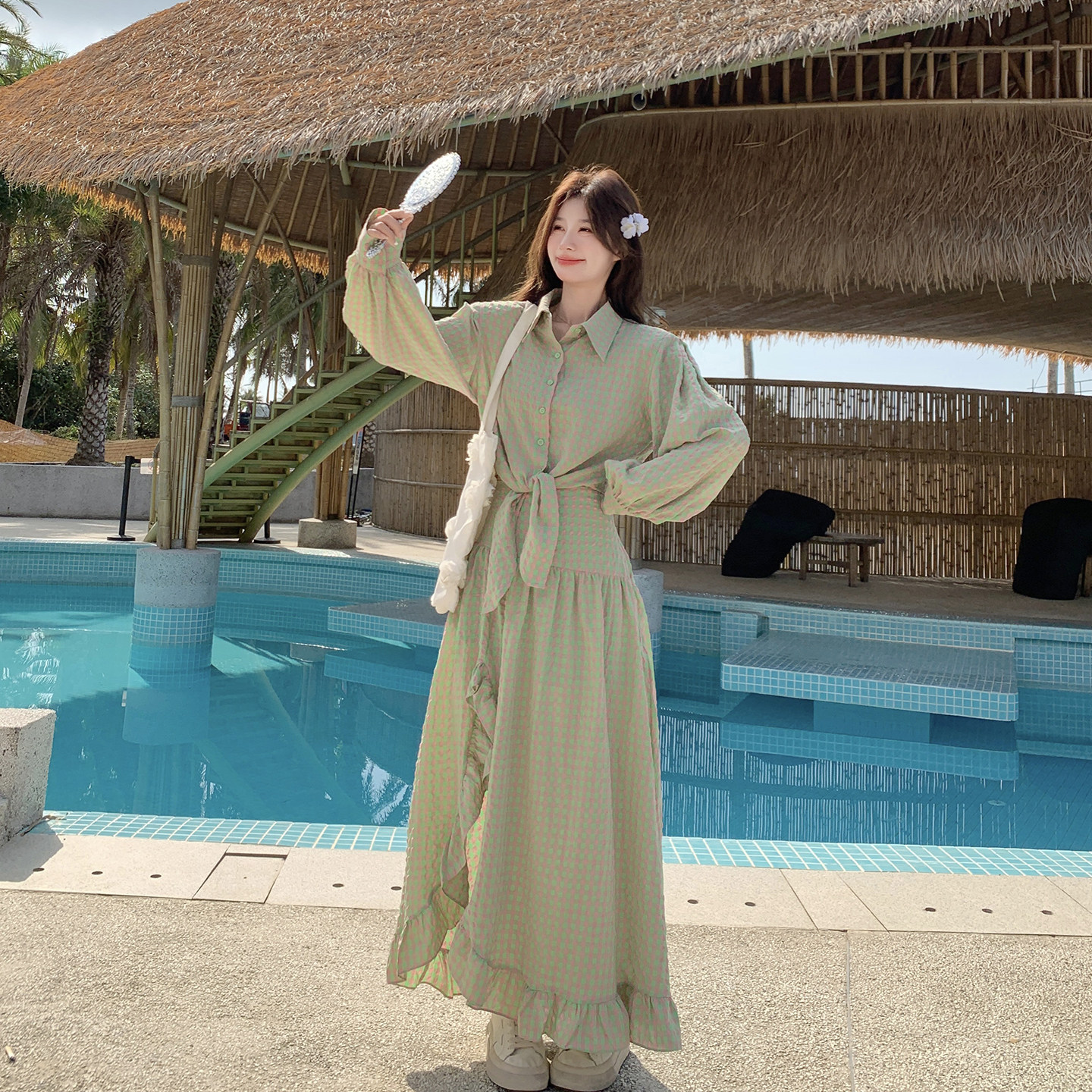 甜美浅绿色格子衬衫花边半身裙套装女春季2026新款独特绝美两件套