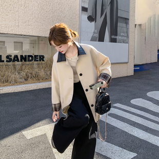 PU皮翻领格纹风衣外套女春季2026新款中长款韩系氛围感小个子大衣