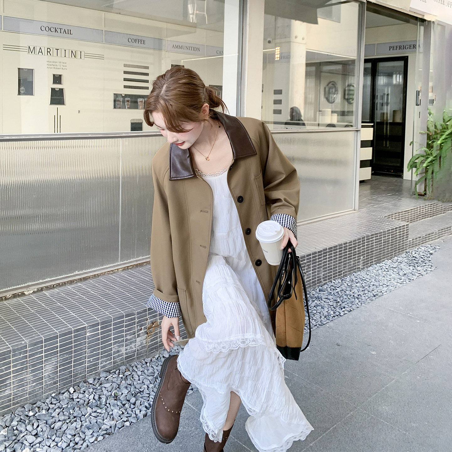 PU皮翻领卡其色风衣外套女春季2026新款中长款气质爆款英伦风大衣