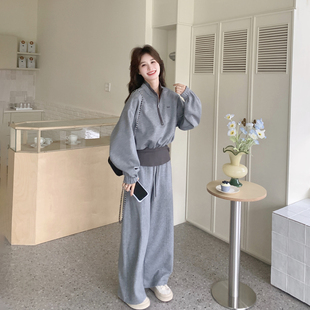 韩系减龄休闲运动风灰色拼接卫衣套装女春季2026新款阔腿裤两件套