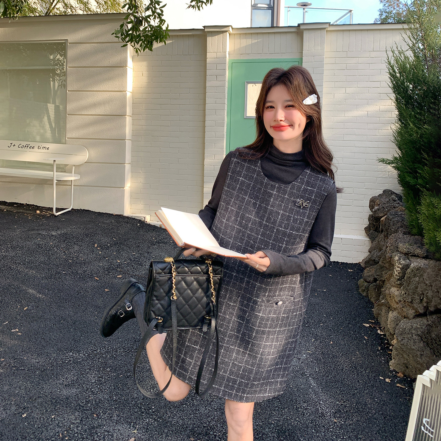 小香风格子背心连衣裙套装女春季2026新减龄巨好看打底衫两件套