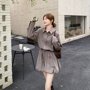 时尚设计感咖色格子衬衫连衣裙女春季2026新款巨好看小个子花苞裙