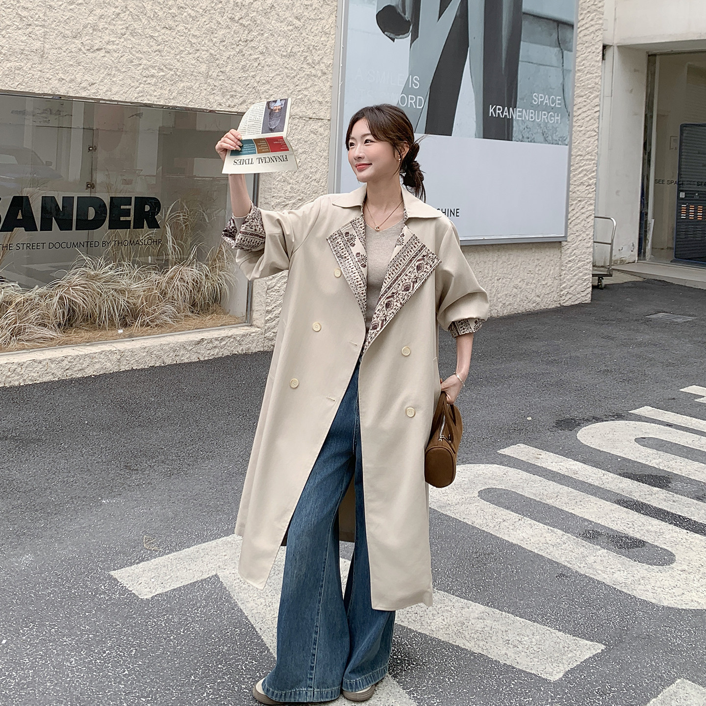 浅卡其印花拼接风衣外套女春2026