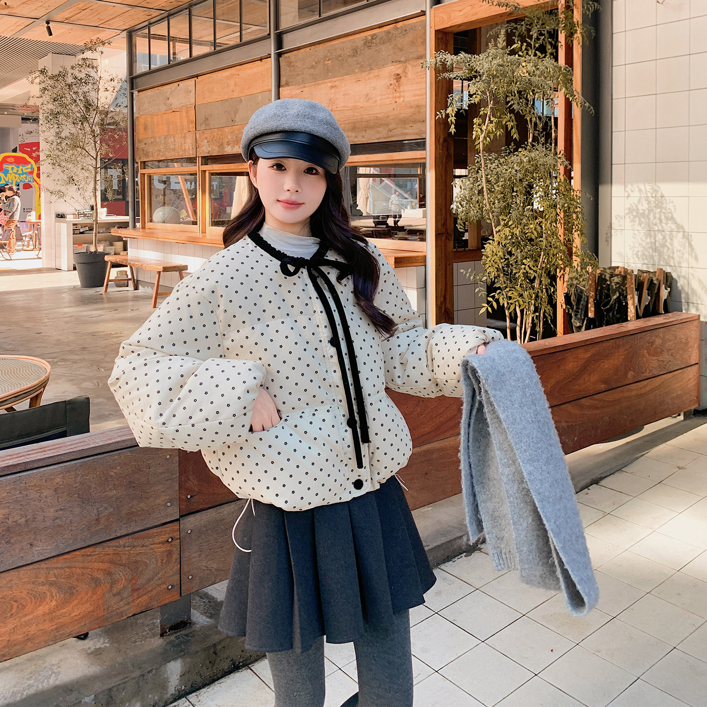 小香风甜美米白色波点短款羽绒服女冬季2025新款小个子白鸭绒外套