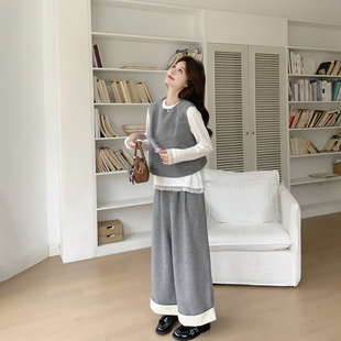 灰色氛围感马甲阔腿裤套装女春季2026新款独特漂亮蕾丝T恤三件套