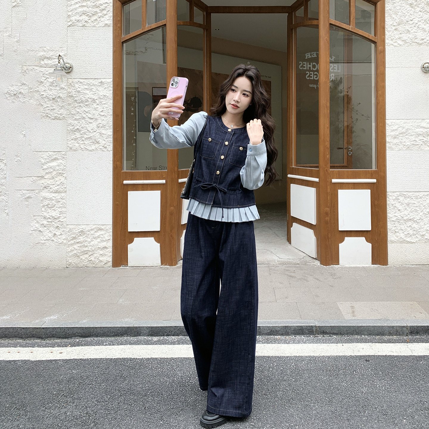 巨好看深蓝色牛仔拼接夹克阔腿裤套装女春季2026新款松弛感两件套