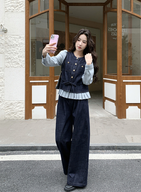 巨好看深蓝色牛仔拼接夹克阔腿裤套装女春季2026新款松弛感两件套