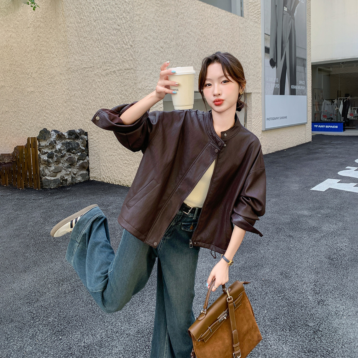 复古高级感安可拉红短外套女春季2026新款小个子流行爆款PU皮夹克