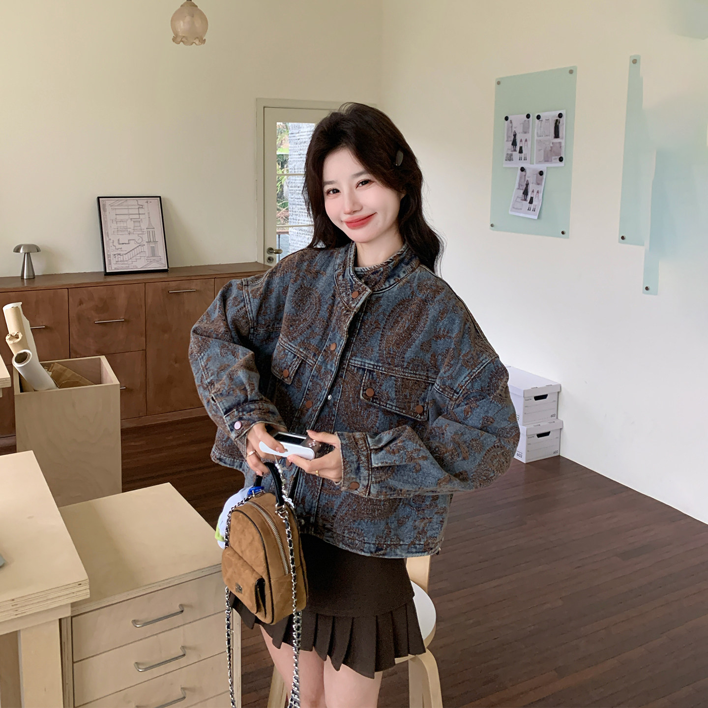 复古超火减龄植绒立领牛仔外套女春季2026新款小个子百搭流行夹克