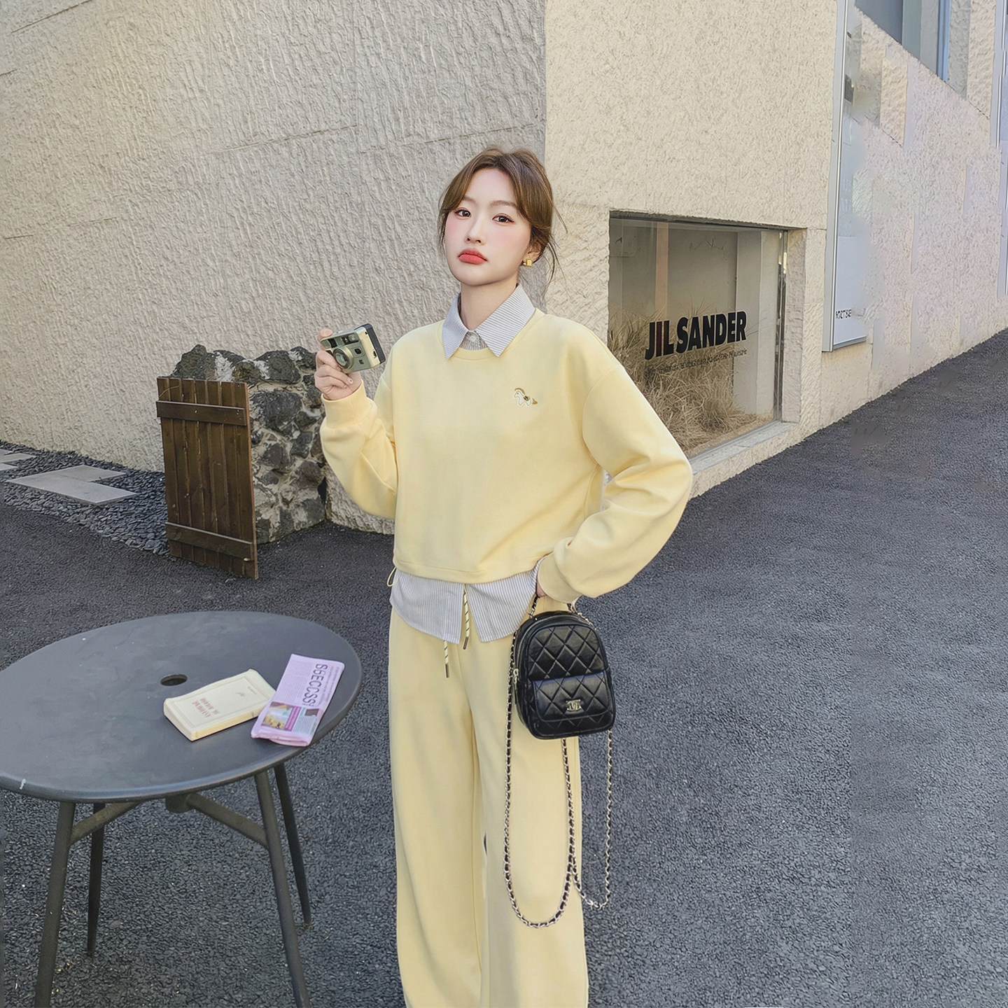 超火减龄气质运动风黄色卫衣套装女春季2026新款衬衫阔腿裤三件套