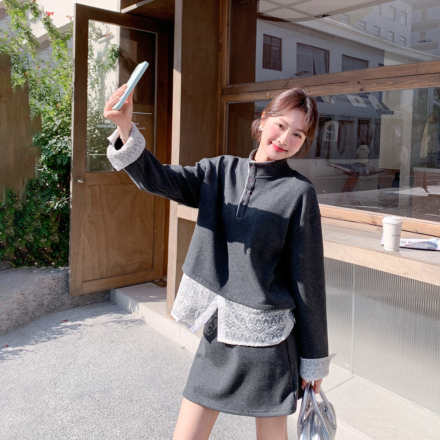 蕾丝拼接灰色卫衣短裙套装女春季2026新款小个子ootd巨好看两件套