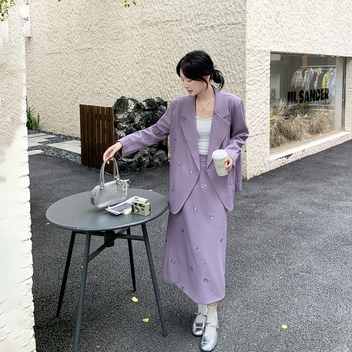 气质优雅紫色烫钻西装半身裙套装女春季2026新款轻熟风甜美两件套