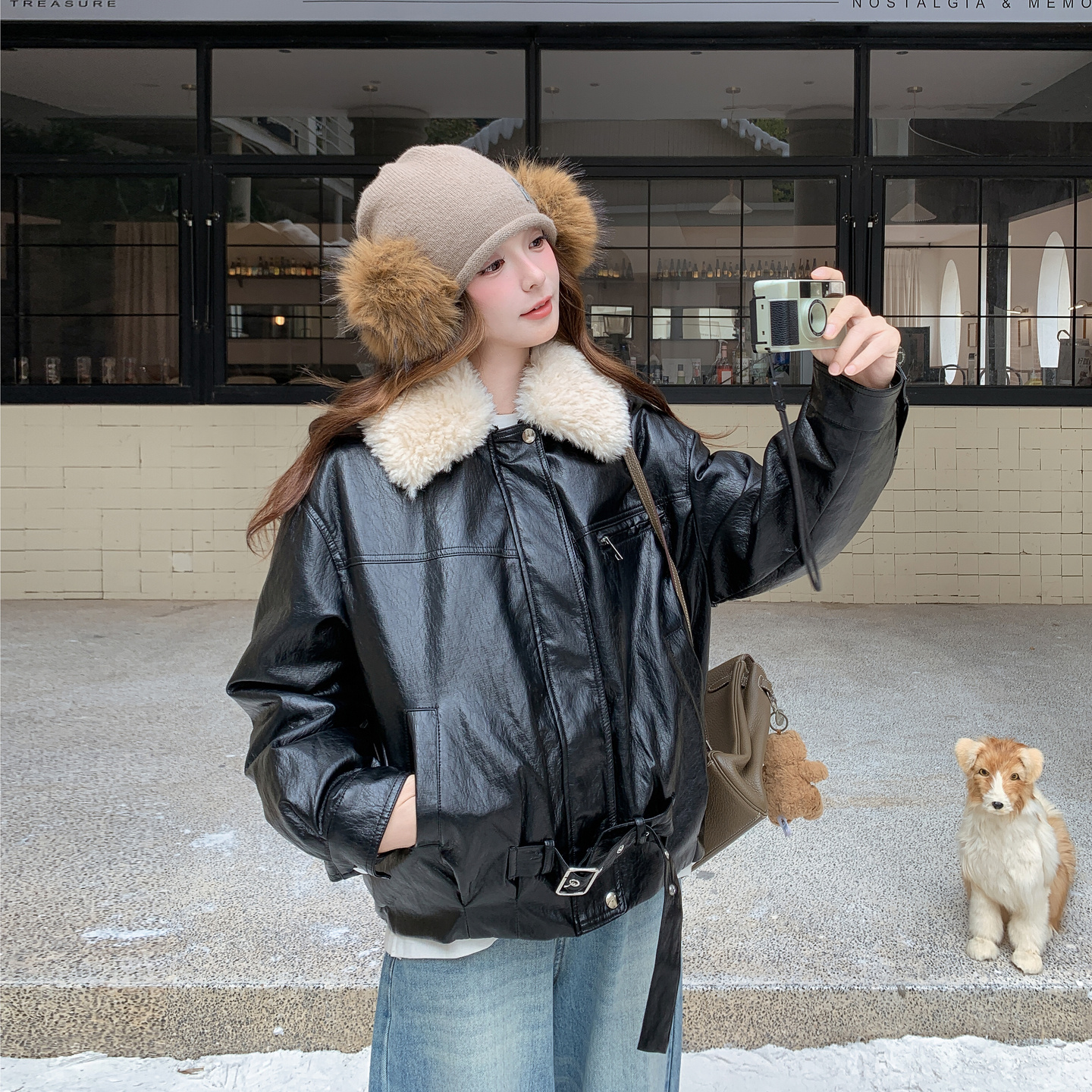 黑色美式翻毛领甜酷风皮衣羽绒服