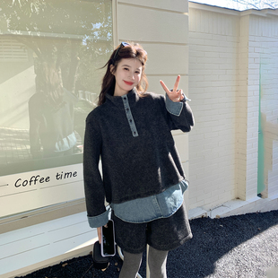 牛仔拼接深灰色毛呢卫衣套装女春季2026新款小个子休闲短裤两件套