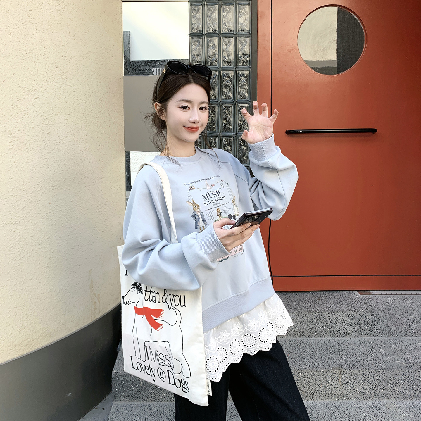 蕾丝花边拼接蓝色休闲卫衣外套女
