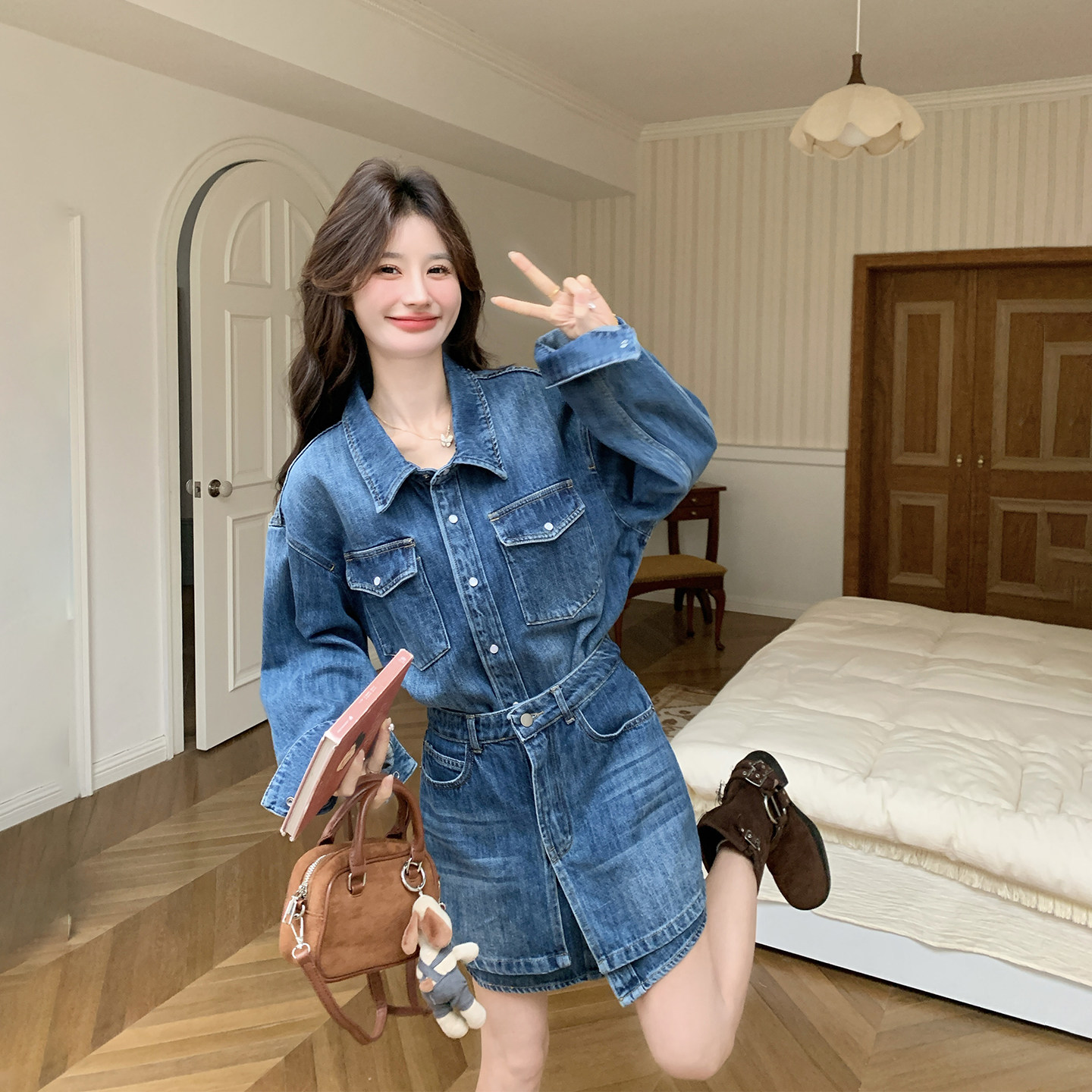 假两件拼接衬衫牛仔连衣裙女春季