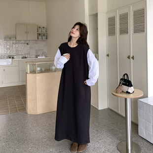 撞色条纹拼接黑色T恤连衣裙女春季2026新款休闲爆款高级感T恤长裙