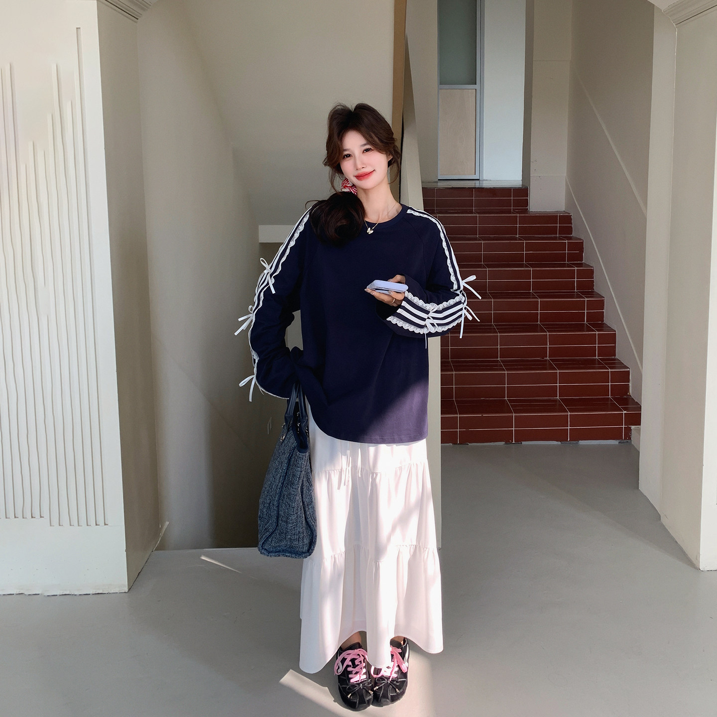 甜美可爱蝴蝶结运动风套装女春季2026新款松弛感卫衣半身裙两件套