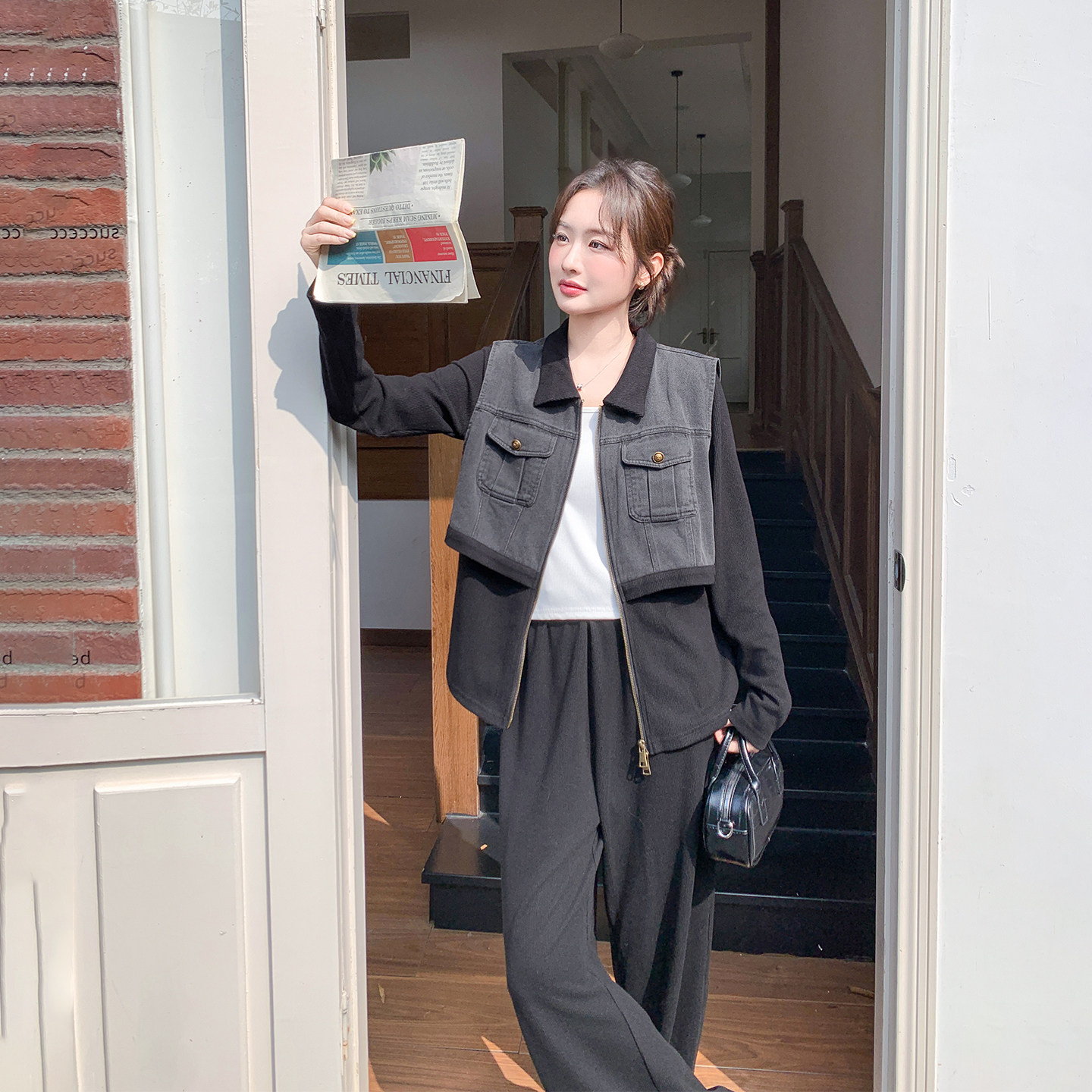 流行爆款超好看黑色牛仔拼接套装女春季2026新款上衣阔腿裤两件套