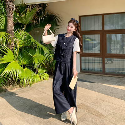 学院风复古超火牛仔马甲T恤套装